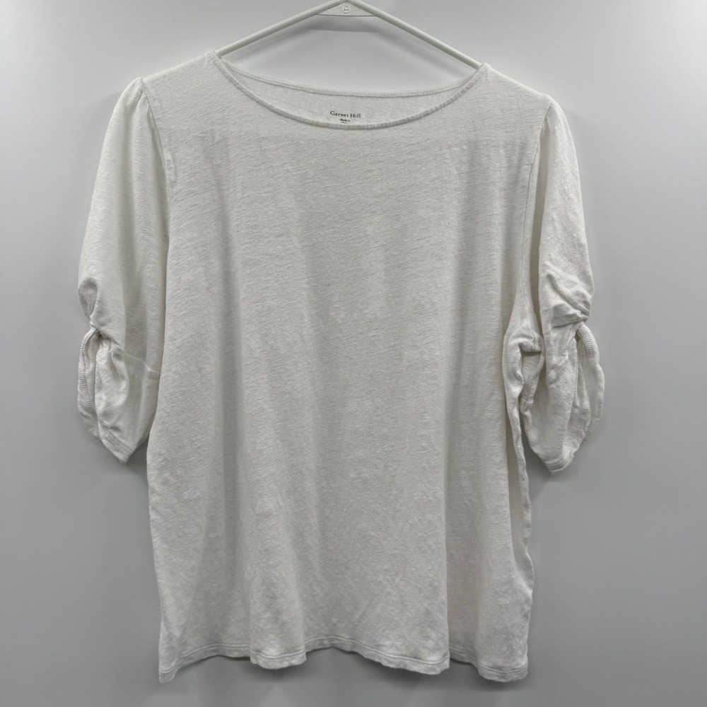 Garnet Hill White 100% Organic Linen Blouse Top - Twist Sleeve - Boho Coastal M